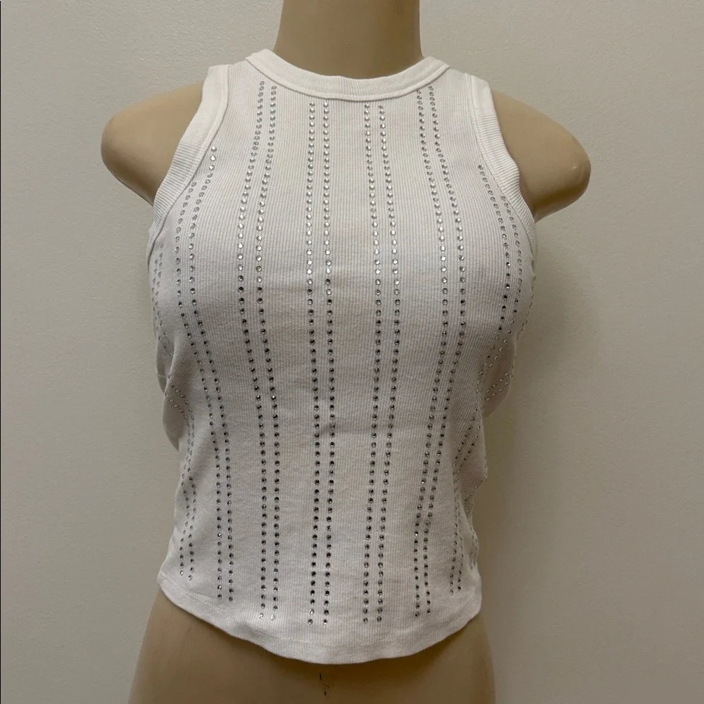 Zara White Rhinestone Ribbed Tank Top - Picture 1 of 9